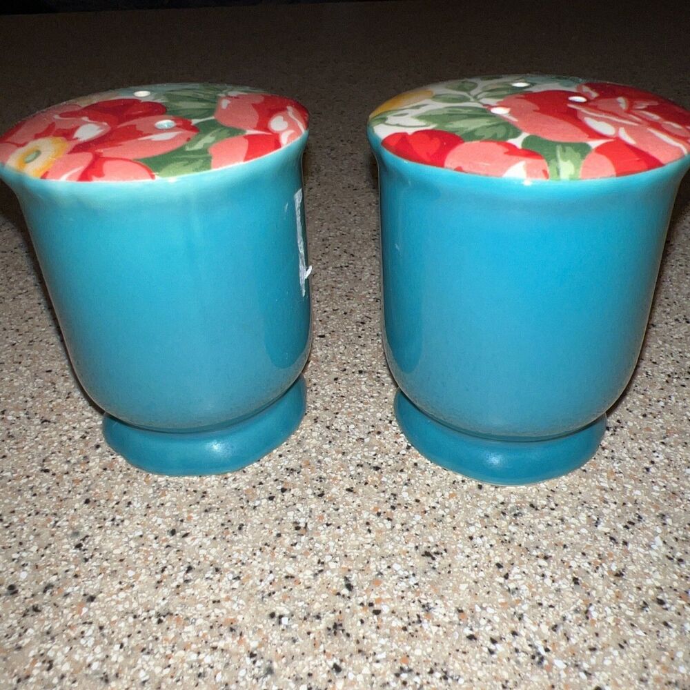 The Pioneer Woman Vintage Floral Stoneware Teal Salt & Pepper Shakers